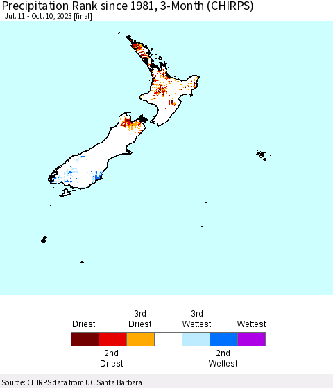 New Zealand Precipitation Rank since 1981, 3-Month (CHIRPS) Thematic Map For 7/11/2023 - 10/10/2023