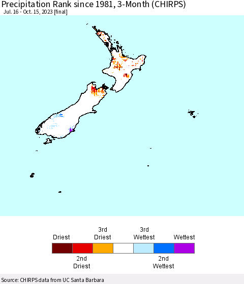New Zealand Precipitation Rank since 1981, 3-Month (CHIRPS) Thematic Map For 7/16/2023 - 10/15/2023