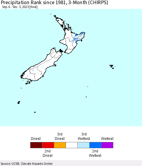 New Zealand Precipitation Rank since 1981, 3-Month (CHIRPS) Thematic Map For 9/6/2023 - 12/5/2023