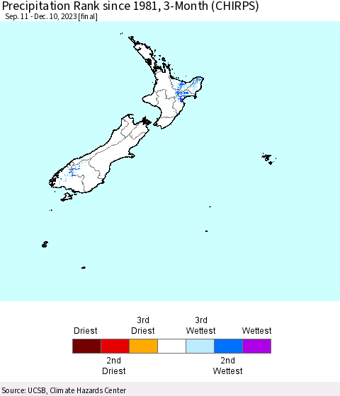 New Zealand Precipitation Rank since 1981, 3-Month (CHIRPS) Thematic Map For 9/11/2023 - 12/10/2023