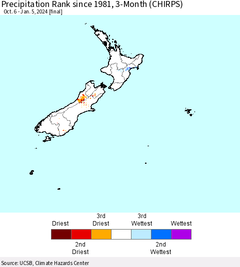 New Zealand Precipitation Rank since 1981, 3-Month (CHIRPS) Thematic Map For 10/6/2023 - 1/5/2024