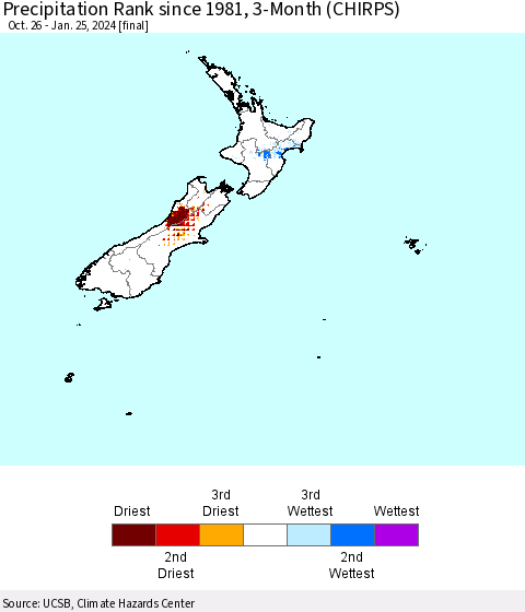New Zealand Precipitation Rank since 1981, 3-Month (CHIRPS) Thematic Map For 10/26/2023 - 1/25/2024
