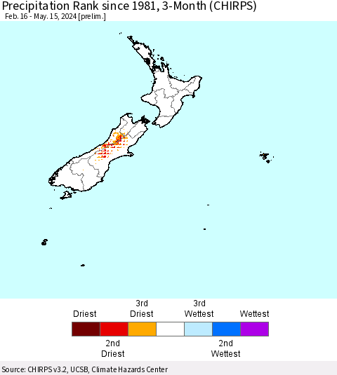 New Zealand Precipitation Rank since 1981, 3-Month (CHIRPS) Thematic Map For 2/16/2024 - 5/15/2024