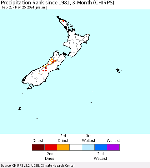 New Zealand Precipitation Rank since 1981, 3-Month (CHIRPS) Thematic Map For 2/26/2024 - 5/25/2024