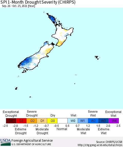 New Zealand SPI 1-Month Drought Severity (CHIRPS) Thematic Map For 9/26/2021 - 10/25/2021