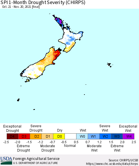 New Zealand SPI 1-Month Drought Severity (CHIRPS) Thematic Map For 10/21/2021 - 11/20/2021