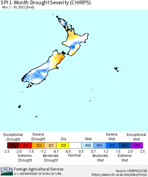New Zealand SPI 1-Month Drought Severity (CHIRPS) Thematic Map For 11/1/2021 - 11/30/2021