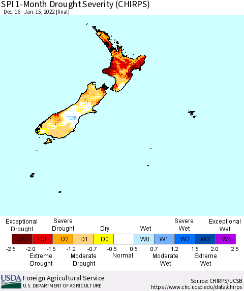 New Zealand SPI 1-Month Drought Severity (CHIRPS) Thematic Map For 12/16/2021 - 1/15/2022