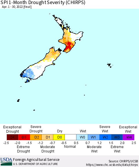 New Zealand SPI 1-Month Drought Severity (CHIRPS) Thematic Map For 4/1/2022 - 4/30/2022