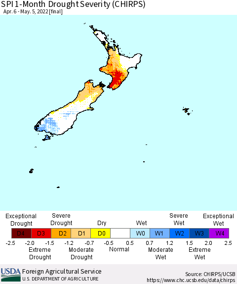 New Zealand SPI 1-Month Drought Severity (CHIRPS) Thematic Map For 4/6/2022 - 5/5/2022