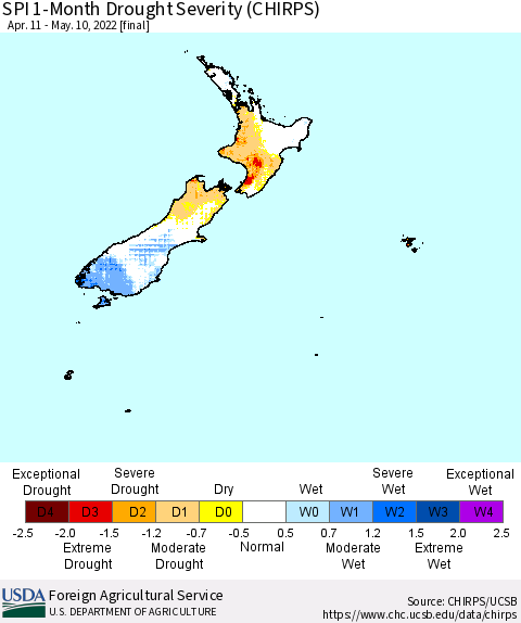 New Zealand SPI 1-Month Drought Severity (CHIRPS) Thematic Map For 4/11/2022 - 5/10/2022