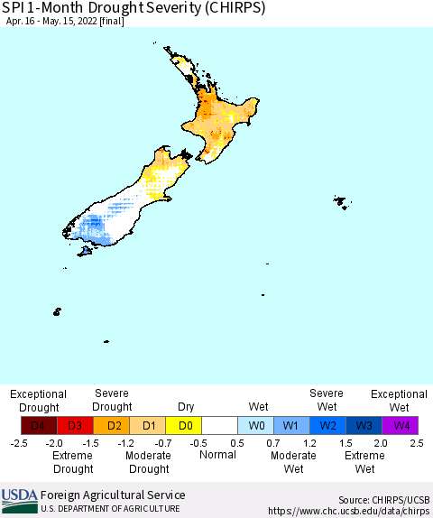 New Zealand SPI 1-Month Drought Severity (CHIRPS) Thematic Map For 4/16/2022 - 5/15/2022