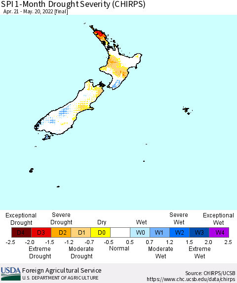 New Zealand SPI 1-Month Drought Severity (CHIRPS) Thematic Map For 4/21/2022 - 5/20/2022