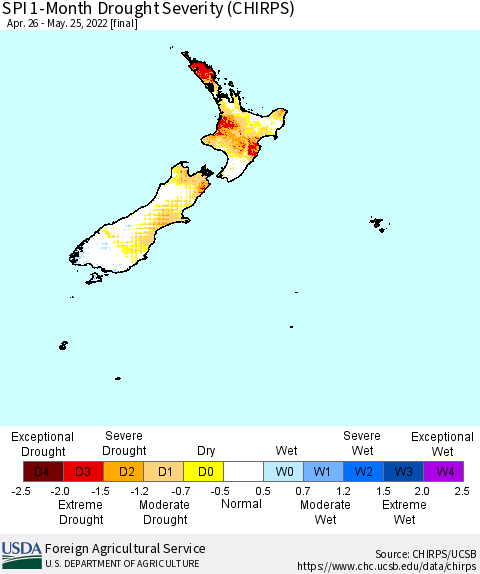 New Zealand SPI 1-Month Drought Severity (CHIRPS) Thematic Map For 4/26/2022 - 5/25/2022