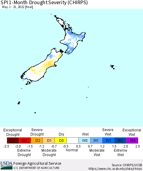 New Zealand SPI 1-Month Drought Severity (CHIRPS) Thematic Map For 5/1/2022 - 5/31/2022