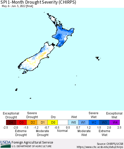 New Zealand SPI 1-Month Drought Severity (CHIRPS) Thematic Map For 5/6/2022 - 6/5/2022