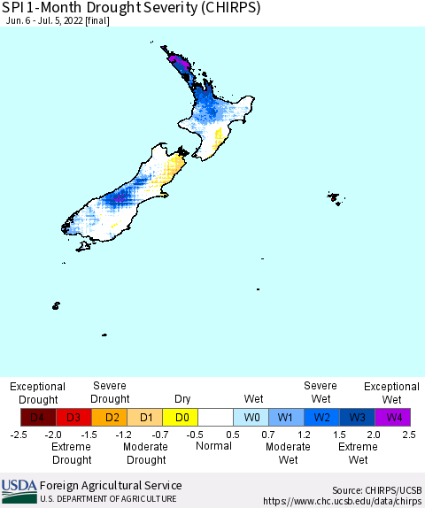 New Zealand SPI 1-Month Drought Severity (CHIRPS) Thematic Map For 6/6/2022 - 7/5/2022