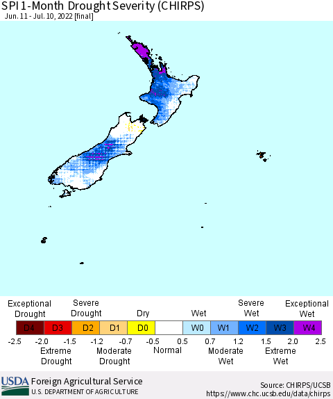 New Zealand SPI 1-Month Drought Severity (CHIRPS) Thematic Map For 6/11/2022 - 7/10/2022