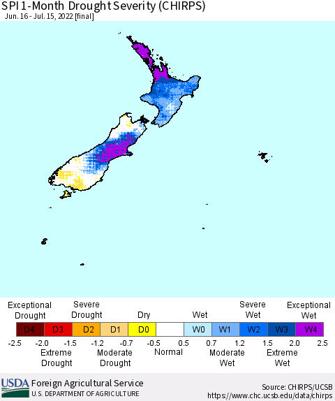 New Zealand SPI 1-Month Drought Severity (CHIRPS) Thematic Map For 6/16/2022 - 7/15/2022