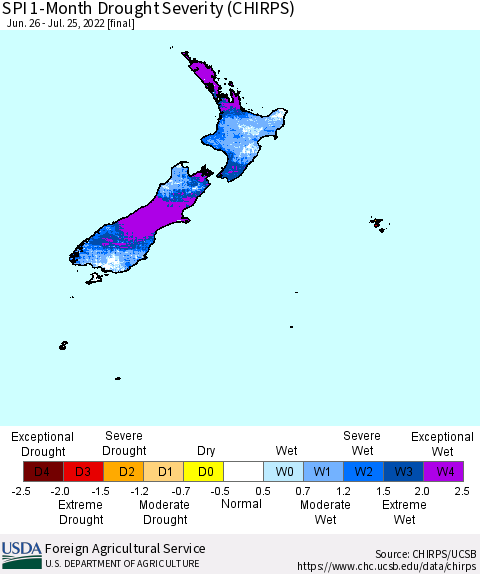 New Zealand SPI 1-Month Drought Severity (CHIRPS) Thematic Map For 6/26/2022 - 7/25/2022