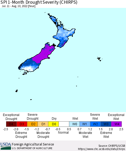 New Zealand SPI 1-Month Drought Severity (CHIRPS) Thematic Map For 7/11/2022 - 8/10/2022