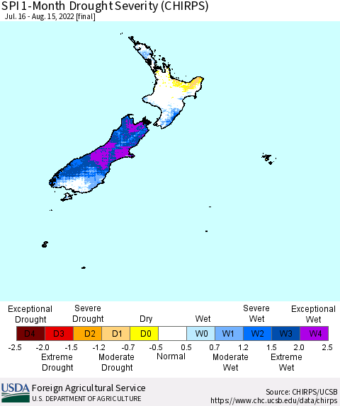 New Zealand SPI 1-Month Drought Severity (CHIRPS) Thematic Map For 7/16/2022 - 8/15/2022