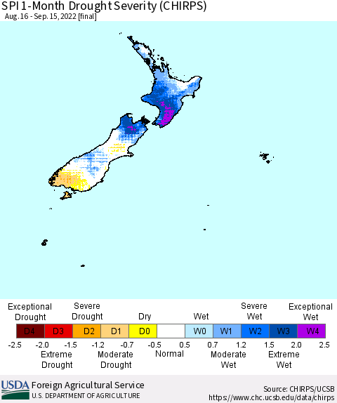 New Zealand SPI 1-Month Drought Severity (CHIRPS) Thematic Map For 8/16/2022 - 9/15/2022