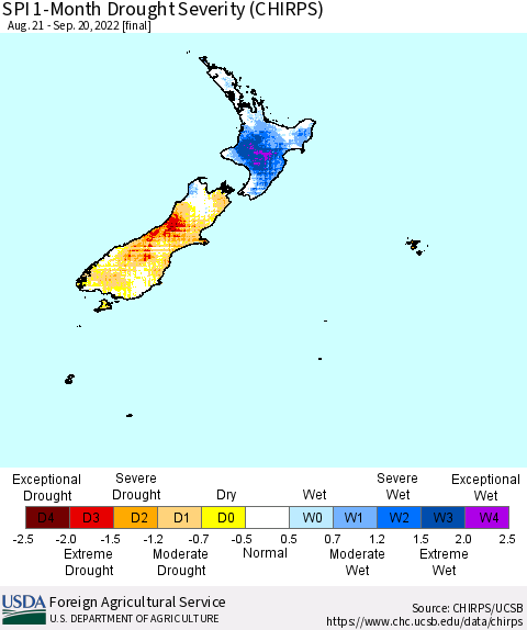 New Zealand SPI 1-Month Drought Severity (CHIRPS) Thematic Map For 8/21/2022 - 9/20/2022