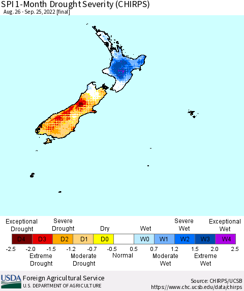 New Zealand SPI 1-Month Drought Severity (CHIRPS) Thematic Map For 8/26/2022 - 9/25/2022