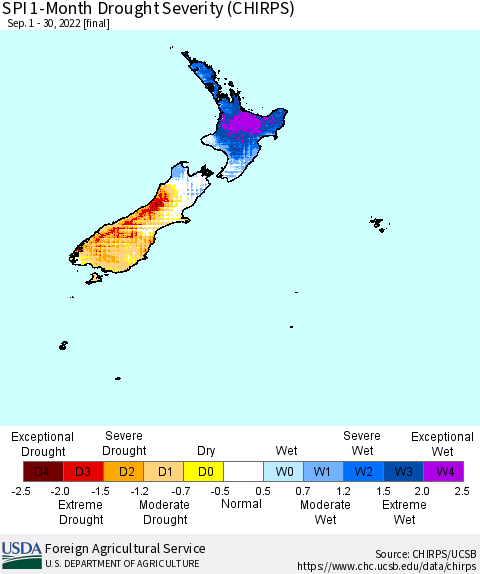 New Zealand SPI 1-Month Drought Severity (CHIRPS) Thematic Map For 9/1/2022 - 9/30/2022