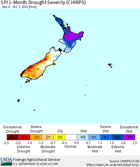 New Zealand SPI 1-Month Drought Severity (CHIRPS) Thematic Map For 9/6/2022 - 10/5/2022