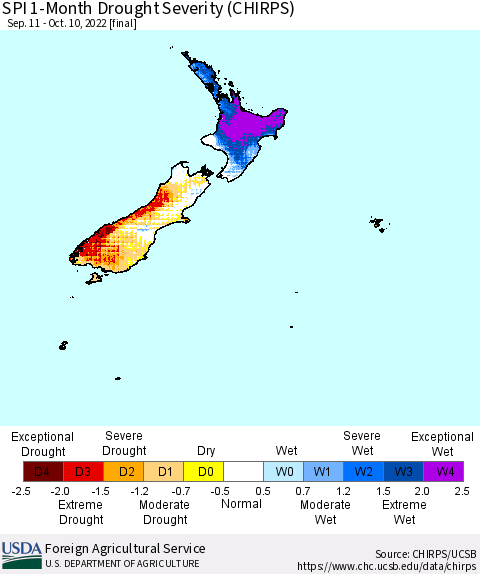 New Zealand SPI 1-Month Drought Severity (CHIRPS) Thematic Map For 9/11/2022 - 10/10/2022