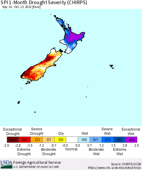 New Zealand SPI 1-Month Drought Severity (CHIRPS) Thematic Map For 9/16/2022 - 10/15/2022
