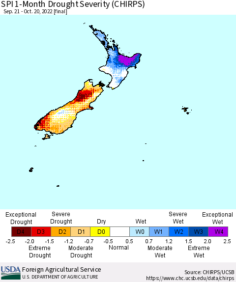 New Zealand SPI 1-Month Drought Severity (CHIRPS) Thematic Map For 9/21/2022 - 10/20/2022