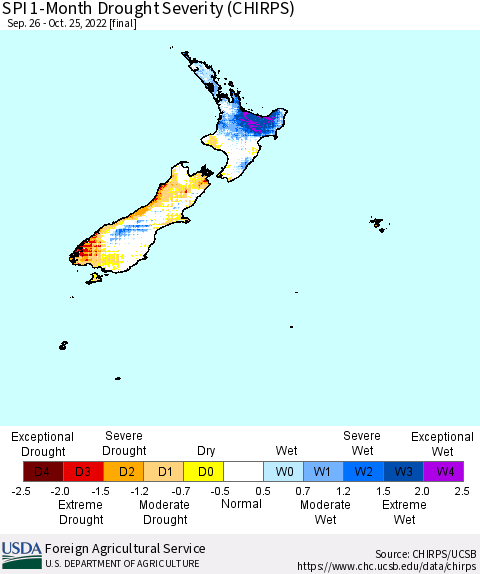 New Zealand SPI 1-Month Drought Severity (CHIRPS) Thematic Map For 9/26/2022 - 10/25/2022