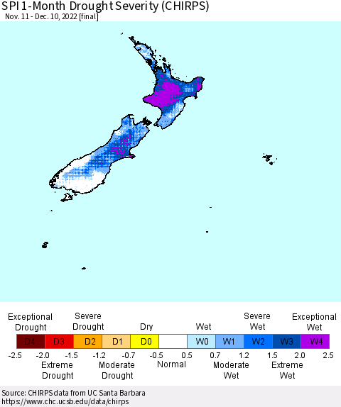 New Zealand SPI 1-Month Drought Severity (CHIRPS) Thematic Map For 11/11/2022 - 12/10/2022