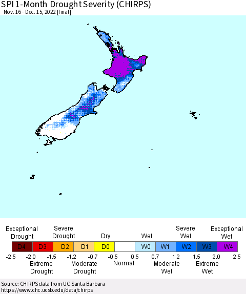 New Zealand SPI 1-Month Drought Severity (CHIRPS) Thematic Map For 11/16/2022 - 12/15/2022