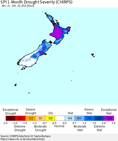 New Zealand SPI 1-Month Drought Severity (CHIRPS) Thematic Map For 11/21/2022 - 12/20/2022