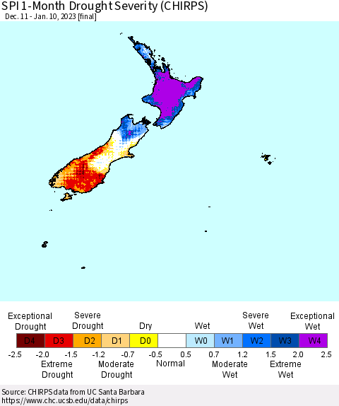 New Zealand SPI 1-Month Drought Severity (CHIRPS) Thematic Map For 12/11/2022 - 1/10/2023