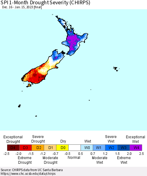 New Zealand SPI 1-Month Drought Severity (CHIRPS) Thematic Map For 12/16/2022 - 1/15/2023