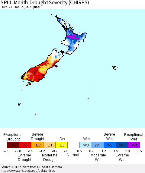 New Zealand SPI 1-Month Drought Severity (CHIRPS) Thematic Map For 12/21/2022 - 1/20/2023