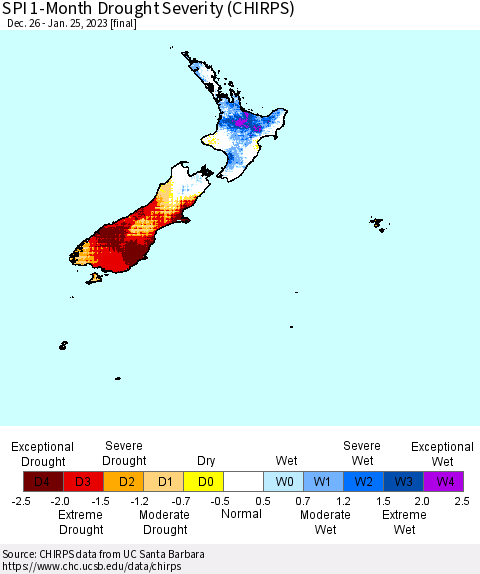 New Zealand SPI 1-Month Drought Severity (CHIRPS) Thematic Map For 12/26/2022 - 1/25/2023