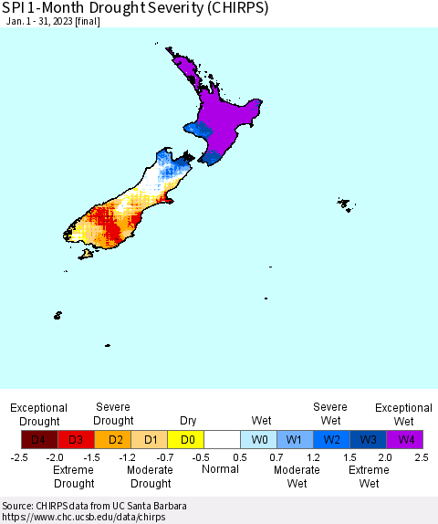 New Zealand SPI 1-Month Drought Severity (CHIRPS) Thematic Map For 1/1/2023 - 1/31/2023