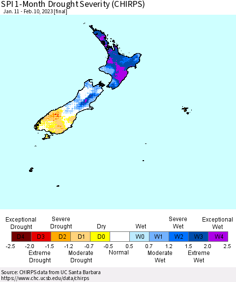 New Zealand SPI 1-Month Drought Severity (CHIRPS) Thematic Map For 1/11/2023 - 2/10/2023