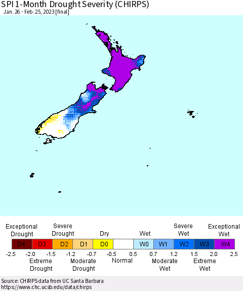 New Zealand SPI 1-Month Drought Severity (CHIRPS) Thematic Map For 1/26/2023 - 2/25/2023