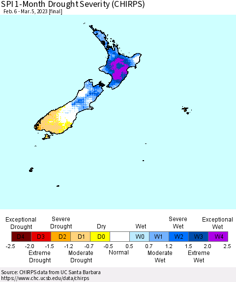 New Zealand SPI 1-Month Drought Severity (CHIRPS) Thematic Map For 2/6/2023 - 3/5/2023