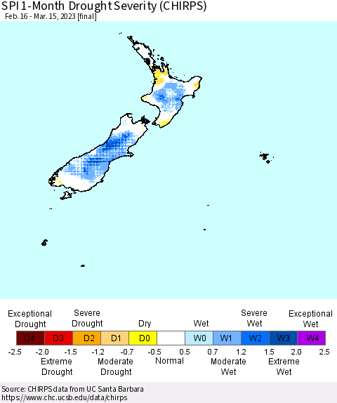 New Zealand SPI 1-Month Drought Severity (CHIRPS) Thematic Map For 2/16/2023 - 3/15/2023