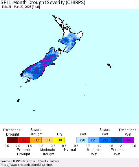 New Zealand SPI 1-Month Drought Severity (CHIRPS) Thematic Map For 2/21/2023 - 3/20/2023