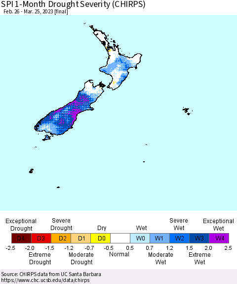 New Zealand SPI 1-Month Drought Severity (CHIRPS) Thematic Map For 2/26/2023 - 3/25/2023