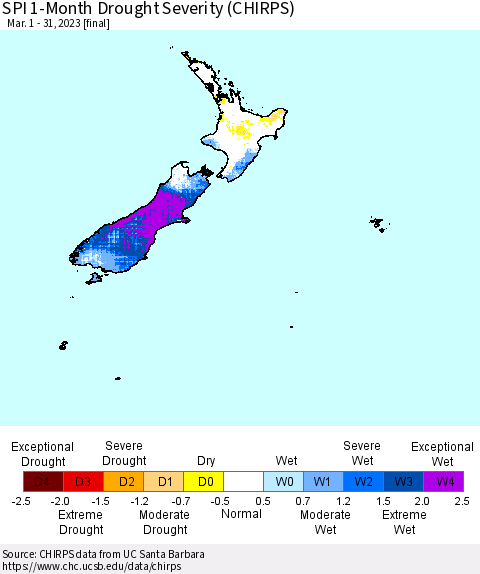 New Zealand SPI 1-Month Drought Severity (CHIRPS) Thematic Map For 3/1/2023 - 3/31/2023